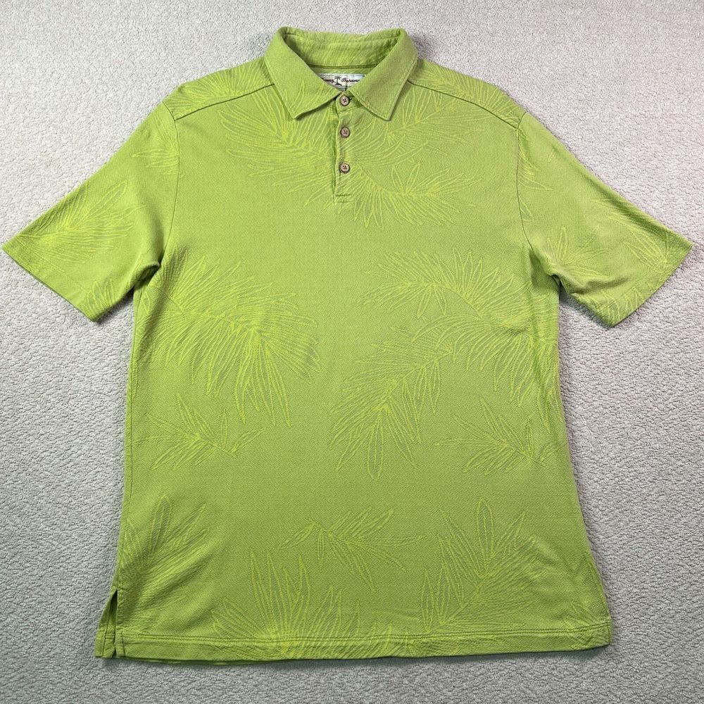 Tommy Bahama Mens Polo Shirt Size Large Green Silk‎ Blend Palm Tree Short Sleeve